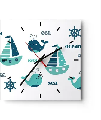 Produktbild von Wanduhr - Quadrat - Glasuhr - Wale Schiffe Kinder Seesterne - 30x30cm - Schleichendes Uhrwerk - Lautlos - zum Aufhängen bereit - Dekoration Modern - Wanddekoration aus Glas - C3AC30x30-2913