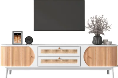 Produktbild von TV-Schrank-Natürlicher Holz-Blend TV-Schrank mit Türen und Schubladen. TV-Ständer mit Rattanseiten. Aufbewahrungslösung,