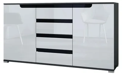 Produktbild von Sideboard Sylt V1, Kommode mit 2 Türen und 4 Schubladen, Korpus - Anthrazit matt/Front - Weiß Hochglanz/Absetzung - Schwarz Hochglanz (138,5 x 75,5 x 35 cm)