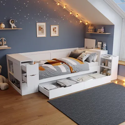 Immagine prodotto di Letto per bambini Sweiko, daybed, 90 x 200 cm, letto singolo, letto per bambini multifunzionale con cassetti, ripiani e spazio per riporre oggetti, con comodino, con spazio per riporre oggetti, senza materasso, bianco