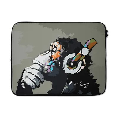 Produktbild von MuchoWow® Laptop Hülle 15 Zoll Gemälde - Affe - Kopfhörer - Ölfarbe Laptoptasche - Laptoptasche - Sleeve - Rundum-Schutz