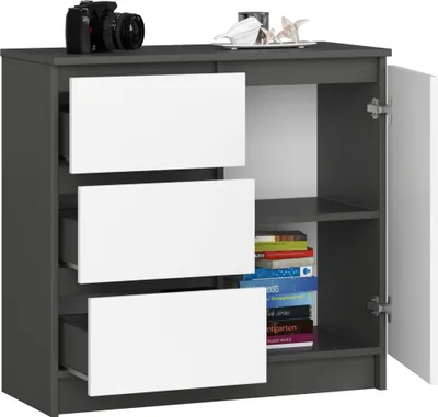 Immagine prodotto di BDW, cassettiera, 3 cassetti, 1 anta, armadio, credenza, grigio / bianco