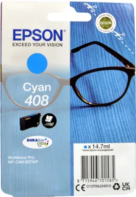 Produktbild von Epson Singlepack Cyan 408 DURABrite Ultra Ink, Standardertrag, Cyan, Tinte auf Pigmentbasis, 14,7 ml, 1 Stück(e), Einzelpackung