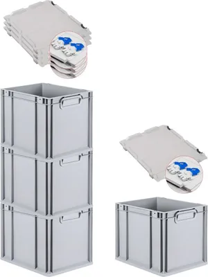 Produktbild von SuperSparSet 4x Eurobox NextGen Economy mit Scharnierdeckel und blauen Schiebeschnappverschlüssen | Griffe geschlossen | HxBxT 32x30x40cm | 30 Liter | Eurobehälter, Transportbox, Transportbehälter, Stapelbehälter