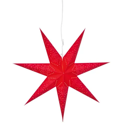 A red paper star lantern is suspended against a white background.