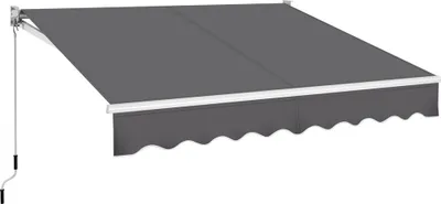 A gray retractable awning with a scalloped valance and a hand crank mechanism.