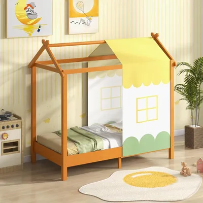 Obrázek produktu pro Dřevěná dětská postel - Postel pro děti - Dětská postel s baldachýnem - Postel ve tvaru domečku - Dětská postýlka 70x140 cm
