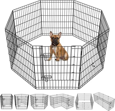 A French Bulldog sits inside a black wire dog playpen. Below the playpen are several smaller wireframe diagrams of different configurations of the playpen.