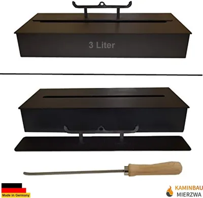 Two views of a black ethanol fireplace burner box and a poker tool, with a "Made in Germany" badge and a logo at the bottom.