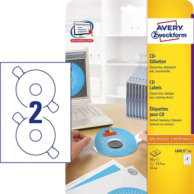 Image de Etiquettes Avery Zweckform CD 117/41mm, A4, mat, blanc, 2 étiquettes, paquet de 25, L6015-25, pour imprimantes laser et at