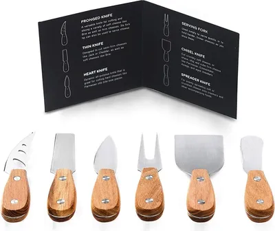 Produktbild von Jumada's – s Set mit 6 Käsemessern in schöner Geschenkverpackung – Weihnachtsgeschenk – Geschäftsgeschenk – Geschenktipp mit einer Flasche Wein