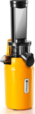 A product shot of a yellow slow juicer on a white background.
