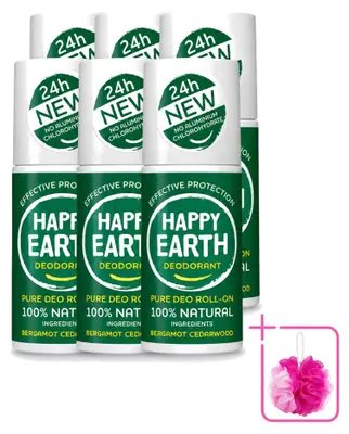 Imagen del producto de 6 unidades de desodorante roll-on "Happy Earth" con aroma a bergamota y cedro, 75 ml. Pack ahorro