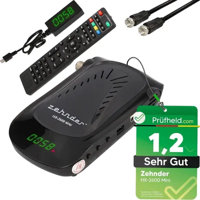 Produktbild von Zehnder HX 2600 Mini Digital Sat Receiver HD + Satanschlusskabel, mit Aufnahmefunktion, Satelliten HD-Receiver Satelliten-Receiver, für Satellitenschüssel Fernseher, HD fähig