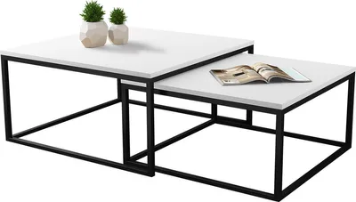 Produktbild von MIRJAN24 Im Set zwei Couchtische Dual, Vierkantrohrrahmen aus Stahl, Kaffeetisch-Set 2-tlg (Farbe: Schwarz / Arktisches Weiß)