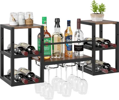 A wine rack with bottles and glasses on a white background.