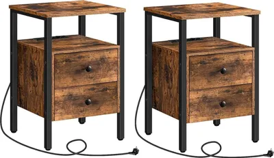 Produktbild von Nachttische mit Ladestation 2er Set Schubladen USB-Anschlüssen Vintage 40x40x61cm Dunkelbraun Schwarz