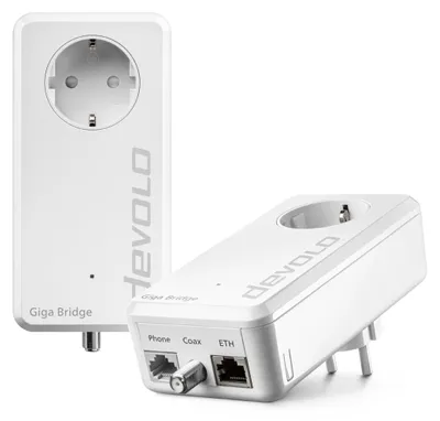 Two white Devolo Giga Bridge Coax Gigabit Power LAN Adapters are shown against a white background. One adapter is in the foreground, angled, showing its ports. The other adapter is in the background, upright, showing its front.