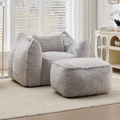 Image de Grand fauteuil en forme de beanbag pour adultes et enfants, en imitation fourrure, avec coussin et repose-pieds, couleur gris