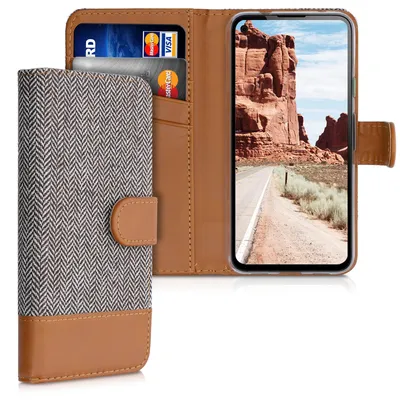 Produktbild von kwmobile Wallet Case kompatibel mit Google Pixel 4a - Hülle mit Ständer - Handyhülle Kartenfächer Hellgrau Braun