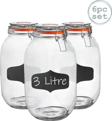 Produktbild von Vorratsgläser aus Glas mit Etiketten – 3 Liter – orangefarbenes Siegel – 6 Stück