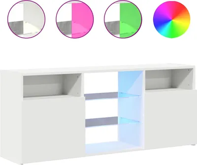 A white TV cabinet with LED lighting, shown with circular insets demonstrating different color options.
