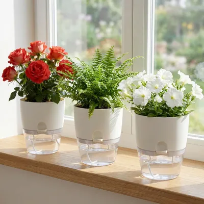 Produktbild von 3er-Set Blumentopf selbstbewässernd 18.5cm aus Kunststoff: modernes Pflanzgefäss mit Bewässerungssystem - Wasserspeicher & Docht für Zimmerpflanzen