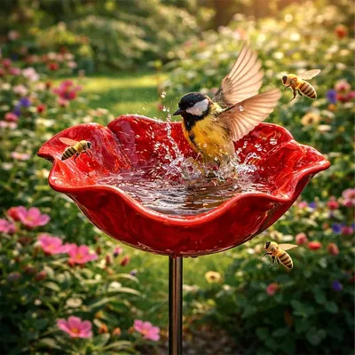 Produktbild von Vogeltränke mit Erdspieß Blume aus Metall Bienen Tränke Vogelfutterschale Dekorativer Garten für Vögel, Bienen & Schmetterlinge Rot