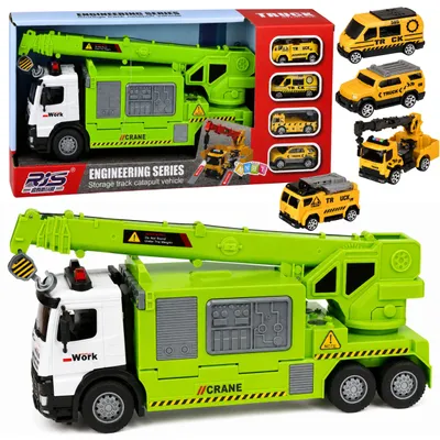 Produktbild von Spielzeug-LKW mit Kran und Autotransporter, grün