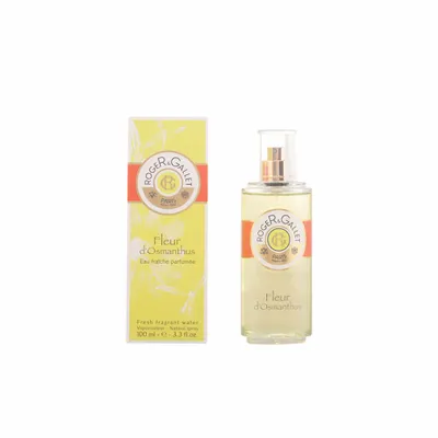 A bottle of Roger & Gallet Fleur D'Osmanthus Eau fraîche parfumée and its packaging are displayed against a white background.