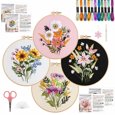 Stickpaket für Anfänger – 4 Blumenmotive, inkl. Rahmen