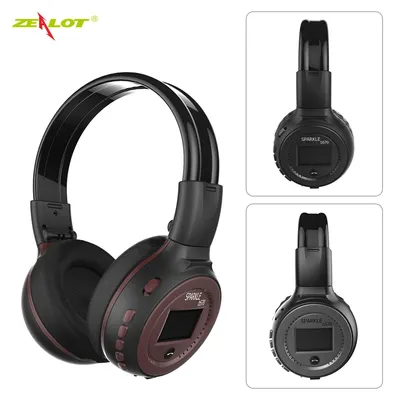 A collage of a black and red wireless gaming headset with a small LED display on the earcups.