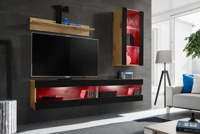 Produktbild von Wohnwand, Tivoli SET5, Wotan/Schwarz, Breite 200cm x Höhe 195cm x Tiefe 35cm, LED RGB, für das Wohnzimmer, Schlafzimmer