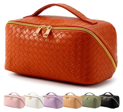 Produktbild von Reise Kosmetiktasche für Damen mit großem Fassungsvermögen, tragbare Make-up Tasche, wasserdichte Kulturtasche mit Trennwand (Orange)