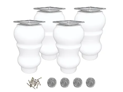 Four white furniture legs with silver mounting plates are displayed on a white background, along with a pile of screws and four felt pads.