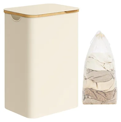 Produktbild von Faltbarer Wäschekorb cremeweiß – 600D Oxford-Stoff – Bambus – 42 x 32 x 70,5 cm