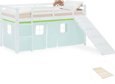 Image de Lit superposé 90x200 cm avec Toboggan Sommier Lit mezzanine en Bois Pin Massif Lit d'enfant Cadre de Lit Rideau Vert