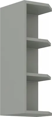 A close-up, three-quarter view of a gray corner cabinet with three shelves.