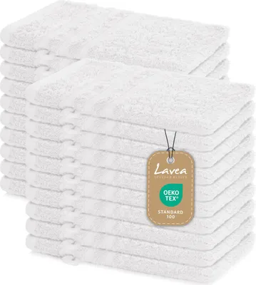Produktbild von Lavea® 20er Waschhandschuh Set Elena, 100% Baumwolle Frottee, Waschlappen saugstark & weich, für Körper und Gesicht, 60 °C, trocknergeeignet, Weiß, 15 x 21 cm