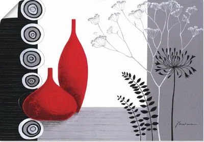 Produktbild von K. Frolova: Rote Vasen auf schwarz/weiß, Produkt:Poster, Größe (HxB):70x100 cm / Poster