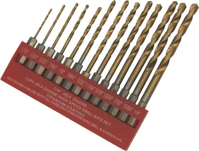 Zdjęcie produktu dla 13-częściowy zestaw wierteł do metalu HSS-TIN zestaw wierteł krętych klucz udarowy sześciokątny 1/4"