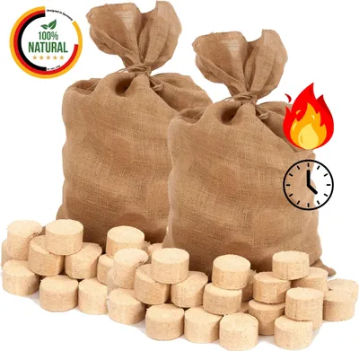 Two burlap sacks filled with wood briquettes are shown in front of a pile of loose wood briquettes. Icons for fire and a clock are present.