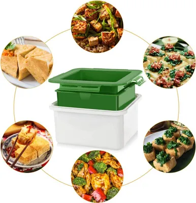Obrázek produktu pro Lis na tofu, bez obsahu BPA, vyrobený z HDPE plastu, rozměry 16,6 x 14,6 x 9,3 cm. Obsahuje odtok pro lepší chuť. Vhodný do myčky nádobí. Určený pro tofu a sýr. Barva: zelená