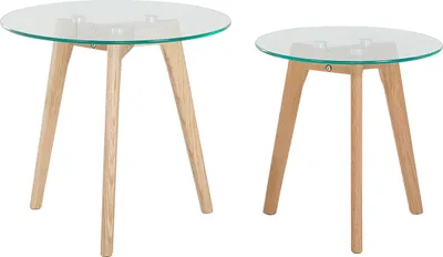 Produktbild von BELIANI Couchtisch 2er Set Transparent Braun Glasplatte Holzgestell Rund Modern