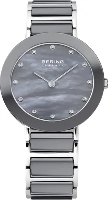 A close-up, front-facing studio shot of a women's Bering ceramic watch.