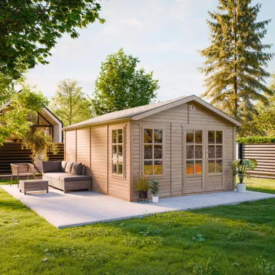 Image de TIMBELA M736A Abri de Jardin en Bois 370 x 480 cm, Cabanon Extérieur avec 3 Fenêtres en Verre Trempé, Portes Doubles Vitrées, Bardeaux Bitumés, Grande Cabane sans Plancher