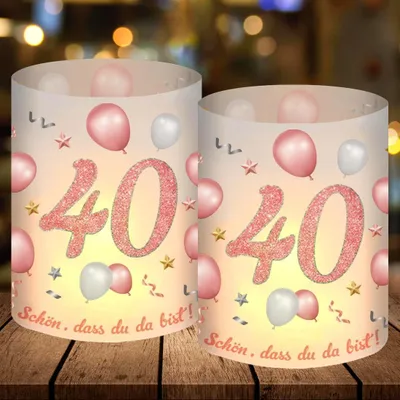 Produktbild von 12 Windlicht-Tischdekoration zum 40. Geburtstag - Rosegold, Schön dass Du da bist - Partydekoration für Teelichter oder Kerzen, Happy Birthday