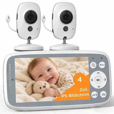 Productafbeelding van Babyfoon HD met 4-inch scherm en 2 camera's, zonder Wi-Fi. Video babyfoon met VOX-functie, nachtzicht, tweewegcommunicatie en uitbreidbaar tot 4 camera's