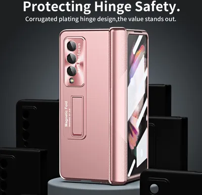 Image de Etui pour Samsung Galaxy Z Fold 4 5G, charnière magnétique, protection de l'objectif et de l'écran, PC dur galvanisé Rose
