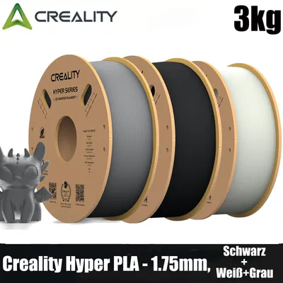 Produktbild von Creality Hyper PLA Filament Set, 1,75mm, 3KG für 3D Drucker, 3 x 1kg, - Weiß+Schwarz+Grau